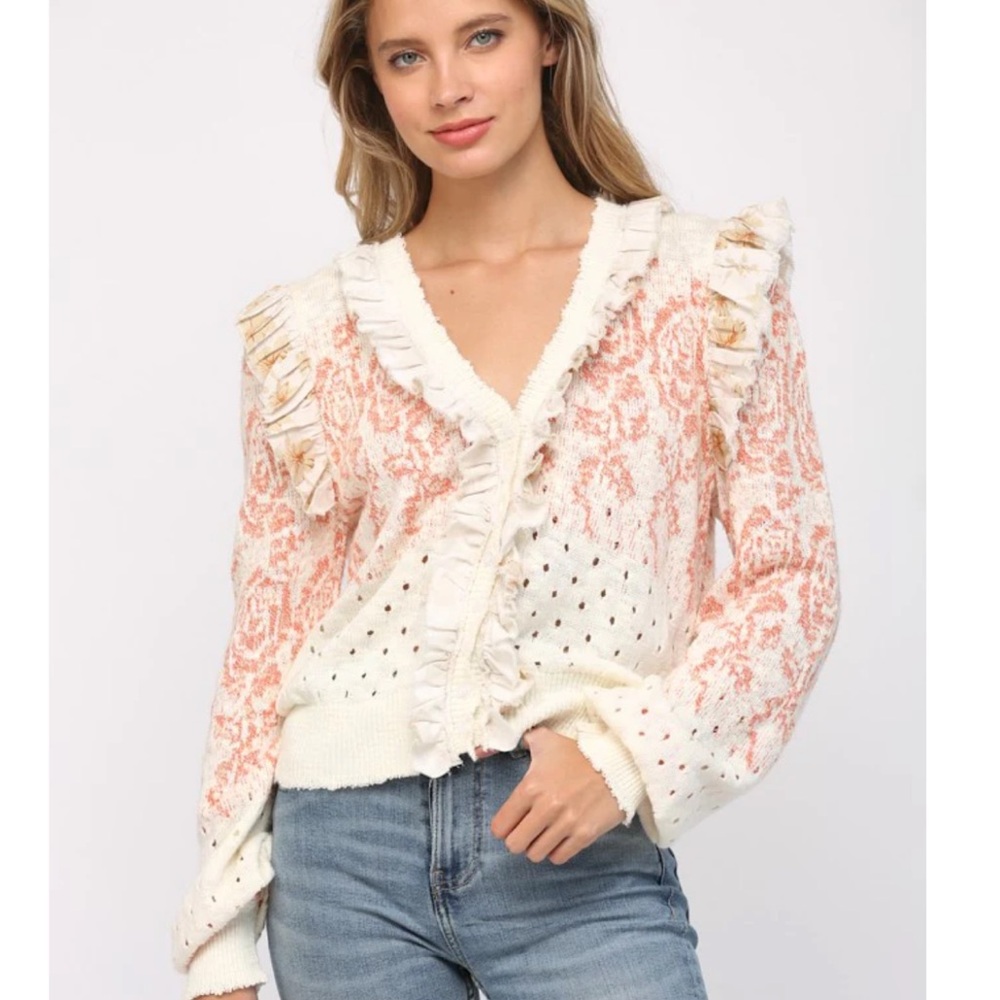 Ivory crochet knit ruffled trim floral flower boho bohemian sweater cardigan - Picture 11 of 15